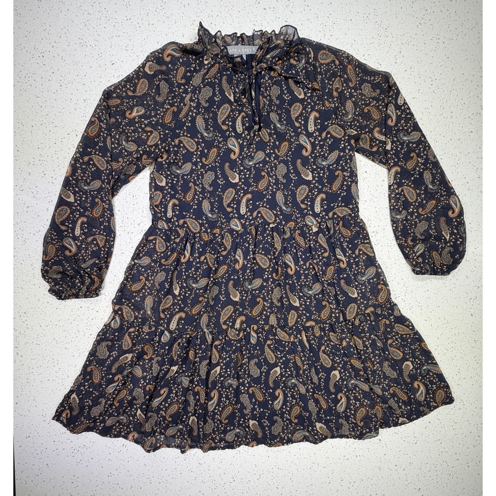 LARK + GREY M Fit & Flare Paisley Dress Ruffle Neck Balloon Sleeve Navy Brown